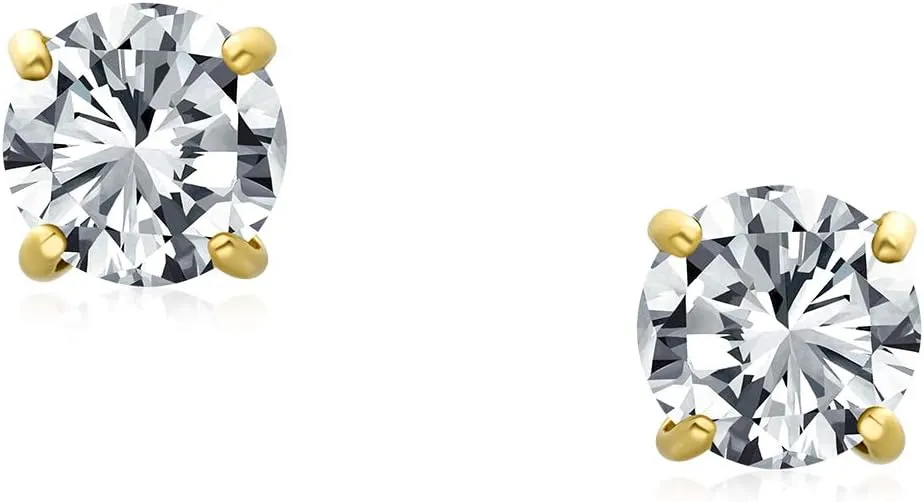 Classic Small 3-4 MM CZ 1.4CT Round & 1.6CT Oval Created CZ or Genuine Gemstone White or Yellow Real 14K Gold Solitaire Birthstone Stud Earrings For Women Teen