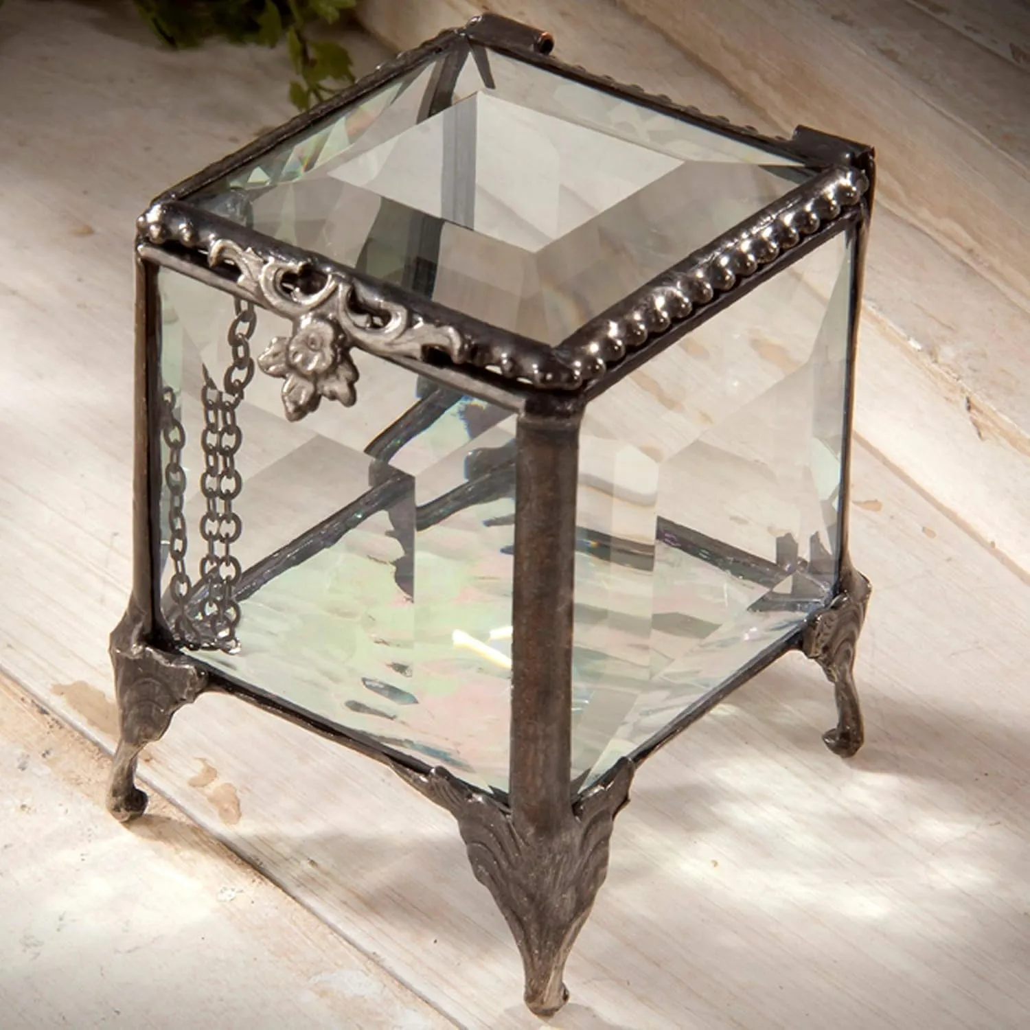 Clear Beveled Glass Jewelry Box Decorative Keepsake with Hinged Lid - J Devlin Box 153