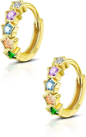 COCHARM 14K Gold Plated Huggie Hoop Earrings 925 Sterling Silver Cartilage Hoop Earrings 20g Gold Star Rainbow Cubic Zircon Earrings for Women