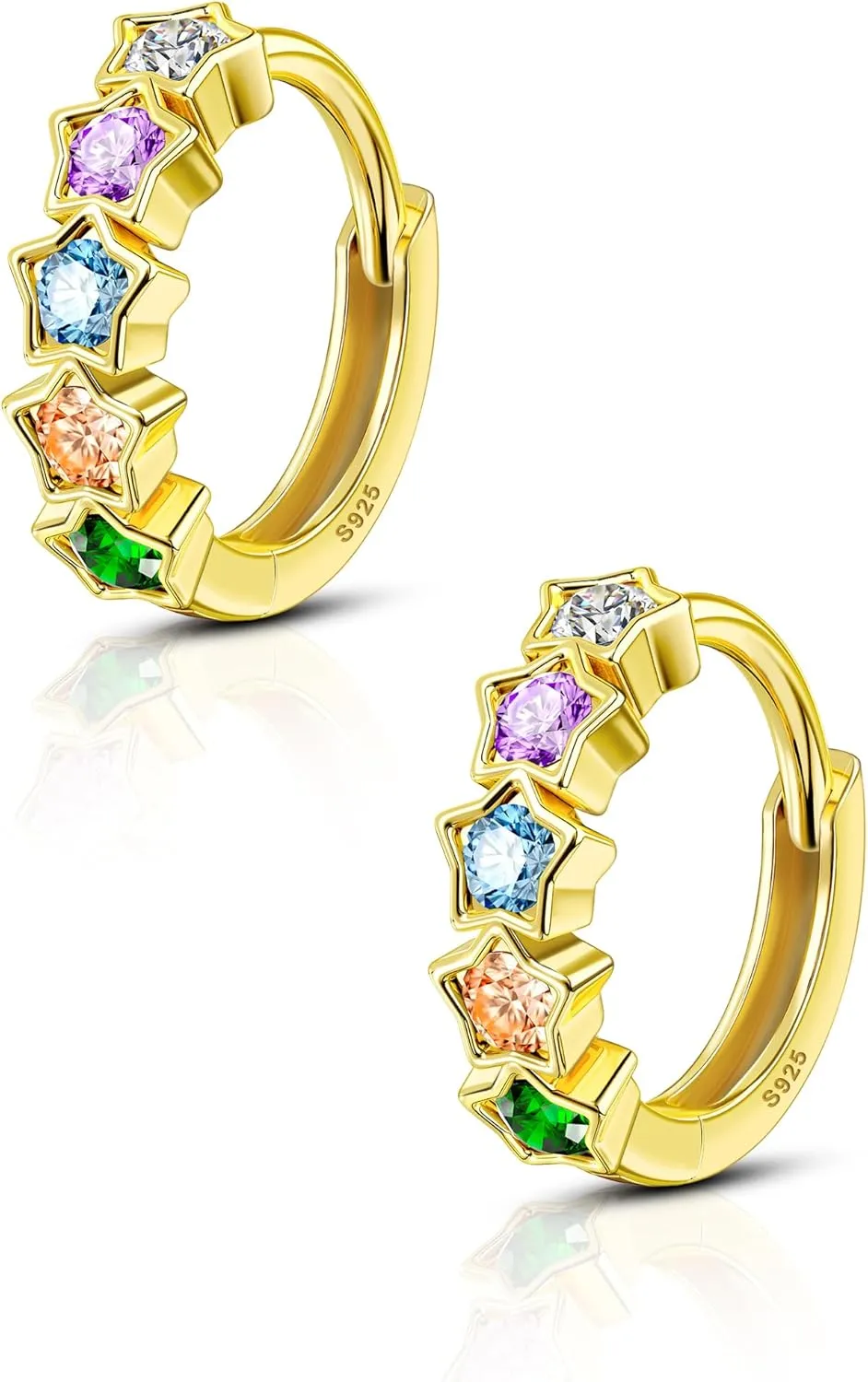 COCHARM 14K Gold Plated Huggie Hoop Earrings 925 Sterling Silver Cartilage Hoop Earrings 20g Gold Star Rainbow Cubic Zircon Earrings for Women