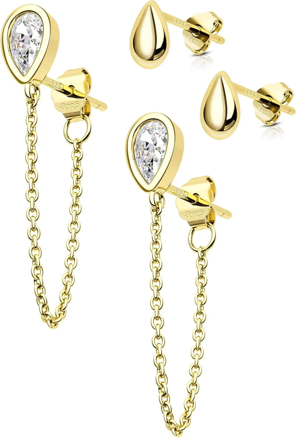 COCHARM 4Pcs 14K Gold Plated Stud Earrings Set 925 Sterling Silver Cartilasge Stud Chain Lobe Earrings Teardrop Gold Earrings for Women
