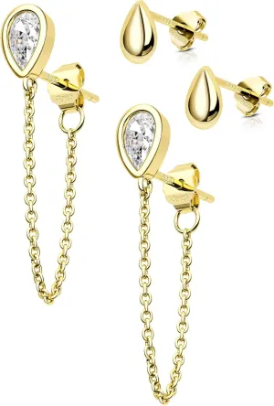 COCHARM 4Pcs 14K Gold Plated Stud Earrings Set 925 Sterling Silver Cartilasge Stud Chain Lobe Earrings Teardrop Gold Earrings for Women