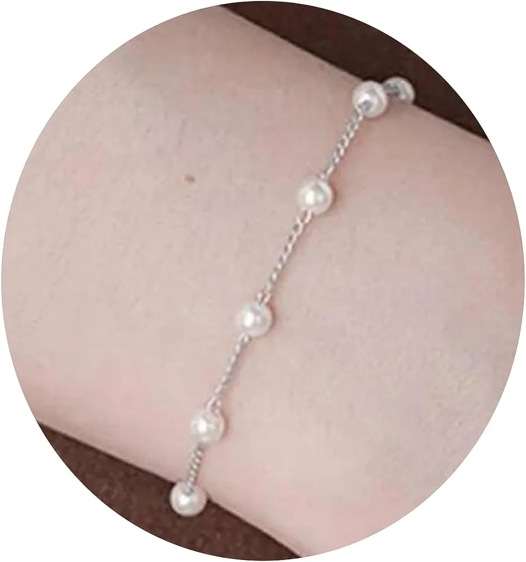 Collner Dainty Gold Bracelet for Women 14K Gold Plated Lightweight Chain Bracelet Herringbone Pearl Circle Bracelet Charm Minimalist Handmade Jewelry Gift