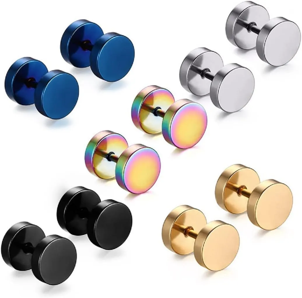 COLORFUL BLING 5 Pairs Rainbow Stainless Steel Stud Earrings Set Surgical Barbell Tunnel Fake Ear Plugs Gauges for Men Women Punk Rock Piercing Jewelry 6mm 8mm