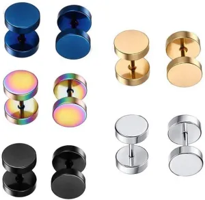 COLORFUL BLING 5 Pairs Rainbow Stainless Steel Stud Earrings Set Surgical Barbell Tunnel Fake Ear Plugs Gauges for Men Women Punk Rock Piercing Jewelry 6mm 8mm