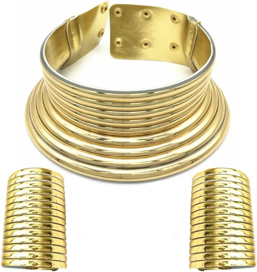 COLORFUL BLING African Statement Choker Snap Necklaces Bangle Jewelry Set Egypt Long Neck Collar Chunky Wide Leather Bracelet Stud Earring for Women