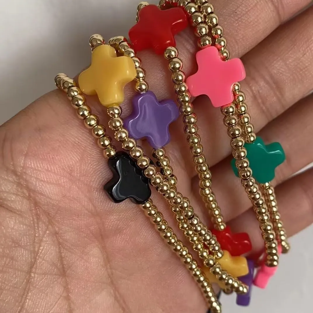 Colorful Cross Charm Bracelets for Women Men Adjustable Gold Plated Beaded Bracelet Boho Bead Ball Stretch Bracelet Birthday Summer Beach Jewelry