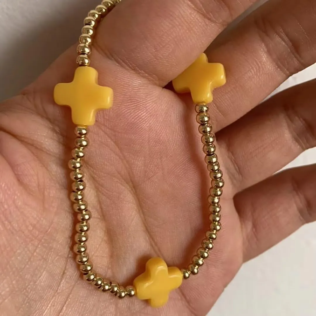 Colorful Cross Charm Bracelets for Women Men Adjustable Gold Plated Beaded Bracelet Boho Bead Ball Stretch Bracelet Birthday Summer Beach Jewelry