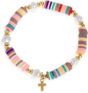 Colorful Cross Pearl Clay Beaded Stretch Bracelets for Women, Handmade Stackable Adjustable Beads Bracelet Bulk Stackable Holiday Friendship Jewelry Gift