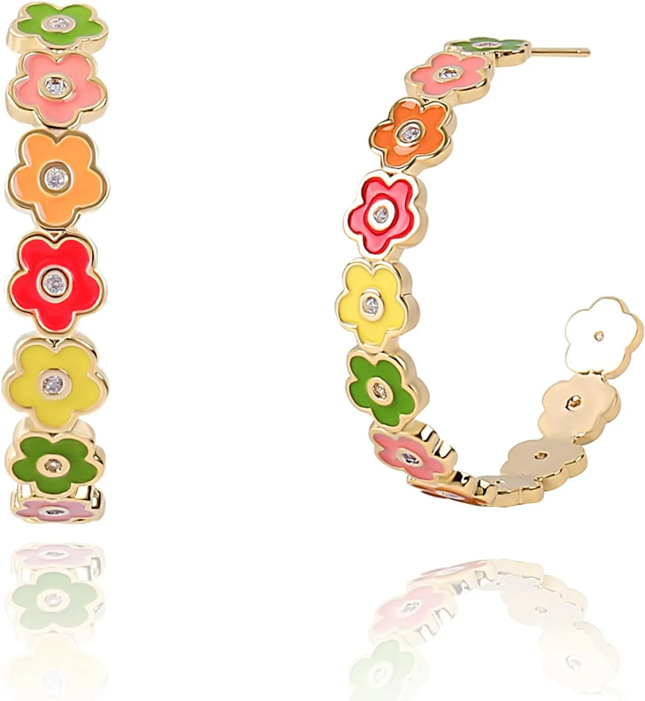 Colorful Flower Hoop Earrings for Women 14K Gold Plated Flower Open Round Hoop Earrings Enamel Floral Statement Earrings Blossom Hoop Earrings Spring Summer Beach Party Jewelry Gift for Women