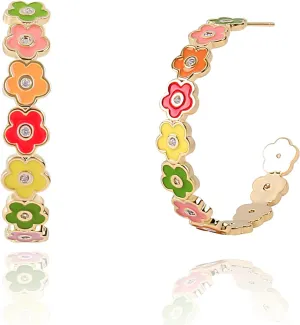 Colorful Flower Hoop Earrings for Women 14K Gold Plated Flower Open Round Hoop Earrings Enamel Floral Statement Earrings Blossom Hoop Earrings Spring Summer Beach Party Jewelry Gift for Women