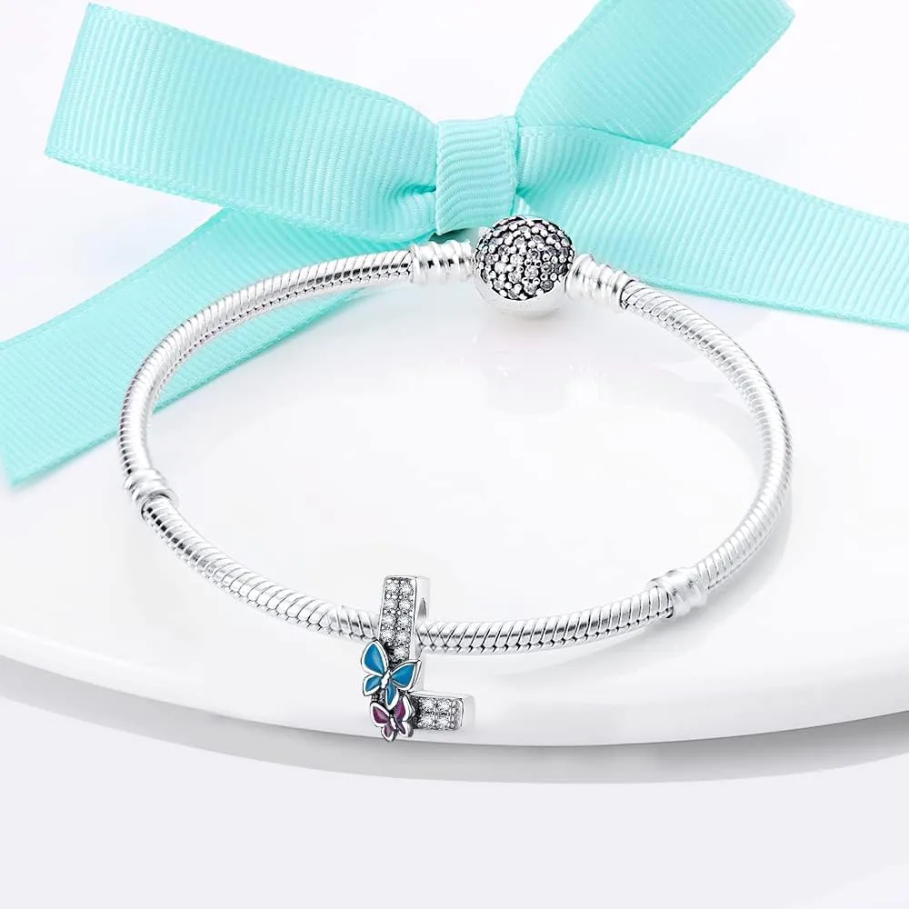Complete A~Z Alphabet Charm Letter Beads, Solid 925 Sterling Silver with Cubic Stones Flower Butterfly fits European Bracelets Necklace Women Jewelry Gift Options