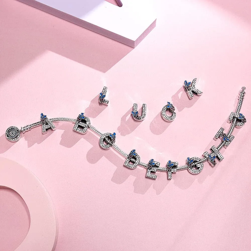 Complete A~Z Alphabet Charm Letter Beads, Solid 925 Sterling Silver with Cubic Stones Flower Butterfly fits European Bracelets Necklace Women Jewelry Gift Options