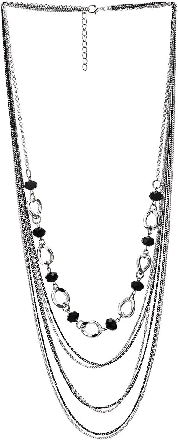 COOLSTEELANDBEYOND Layered Statement Necklace, Crystal Beads, Silver Black Multi-Strand Waterfall Long Chains and Circle Charm