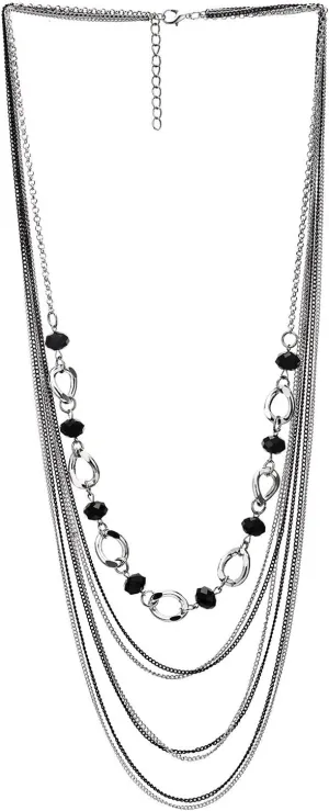 COOLSTEELANDBEYOND Layered Statement Necklace, Crystal Beads, Silver Black Multi-Strand Waterfall Long Chains and Circle Charm