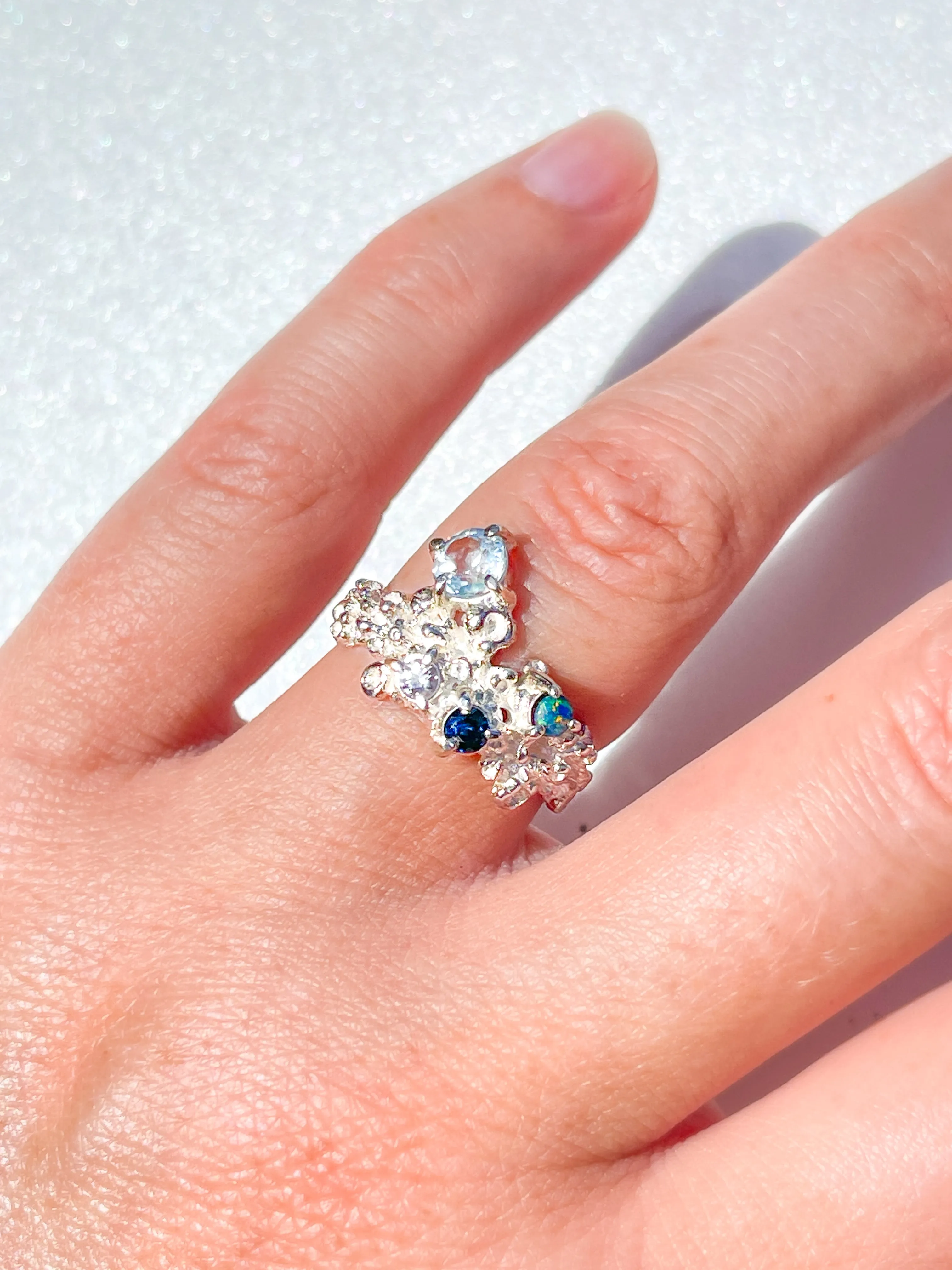 Coral Ring Silver with Blue Sapphires, Aquamarine & Opal - size 6.5