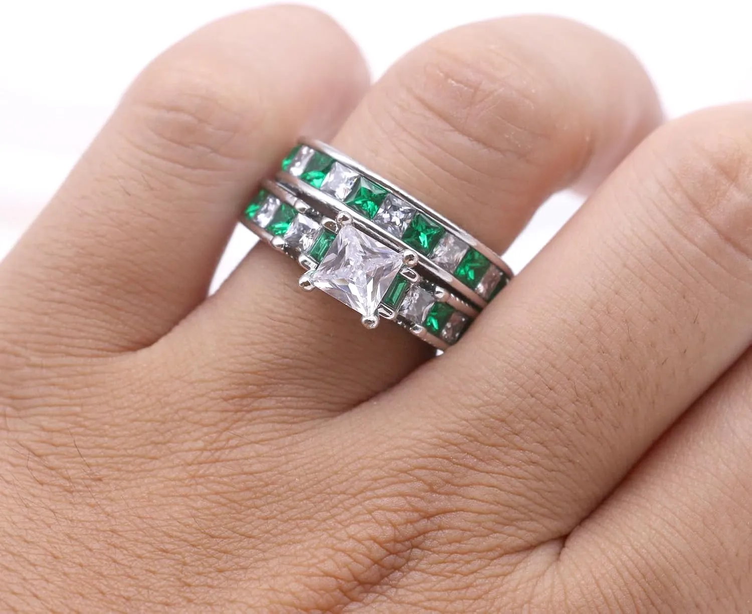 Couple Rings 1.5CT Green AAA CZ Women Wedding Ring Sets for Him and Her Rings Men Wedding Band