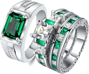 Couple Rings 1.5CT Green AAA CZ Women Wedding Ring Sets for Him and Her Rings Men Wedding Band