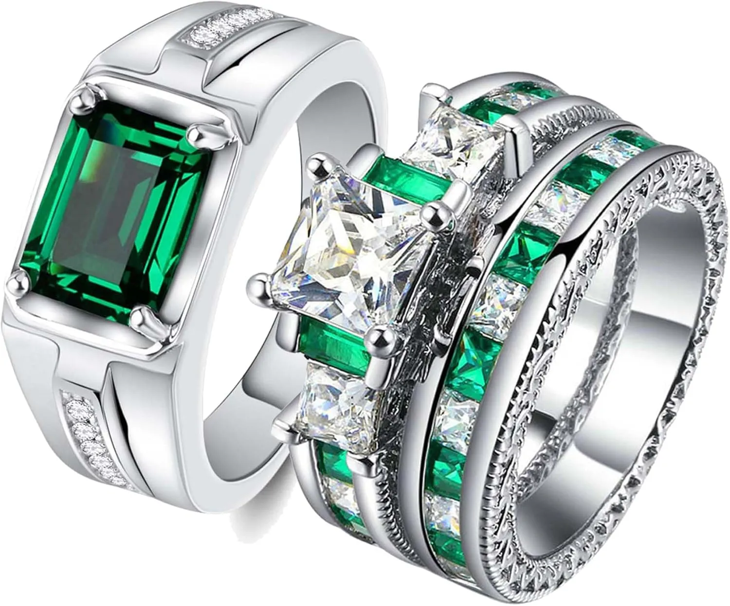 Couple Rings 1.5CT Green AAA CZ Women Wedding Ring Sets for Him and Her Rings Men Wedding Band
