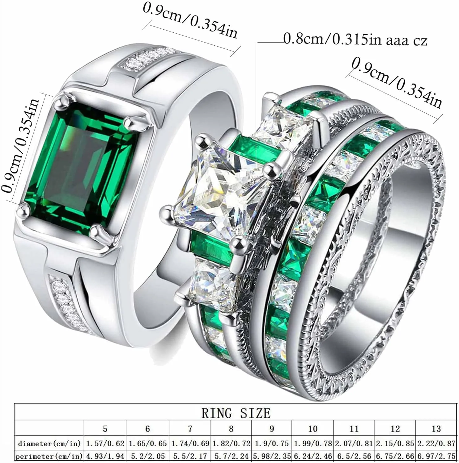 Couple Rings 1.5CT Green AAA CZ Women Wedding Ring Sets for Him and Her Rings Men Wedding Band