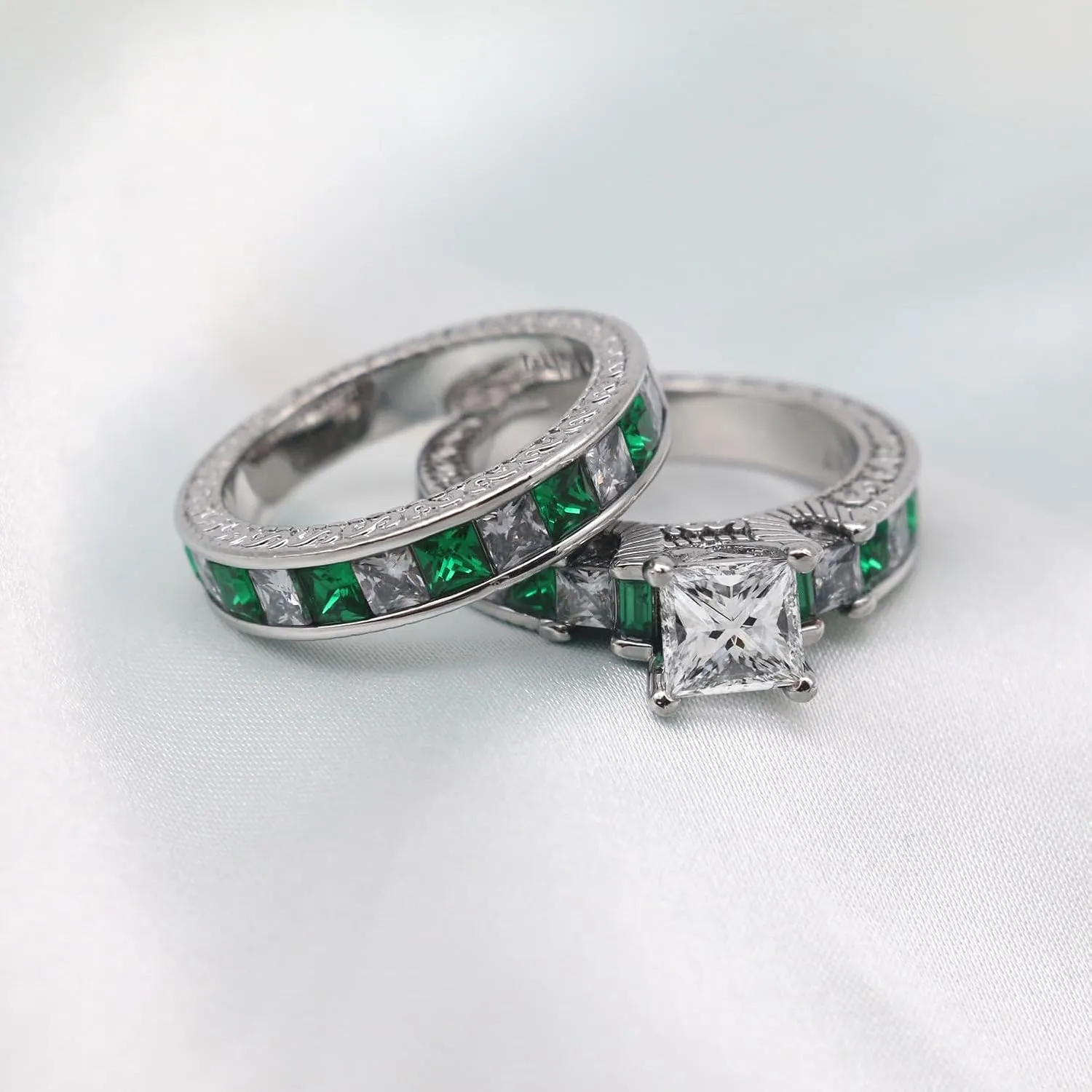 Couple Rings 1.5CT Green AAA CZ Women Wedding Ring Sets for Him and Her Rings Men Wedding Band