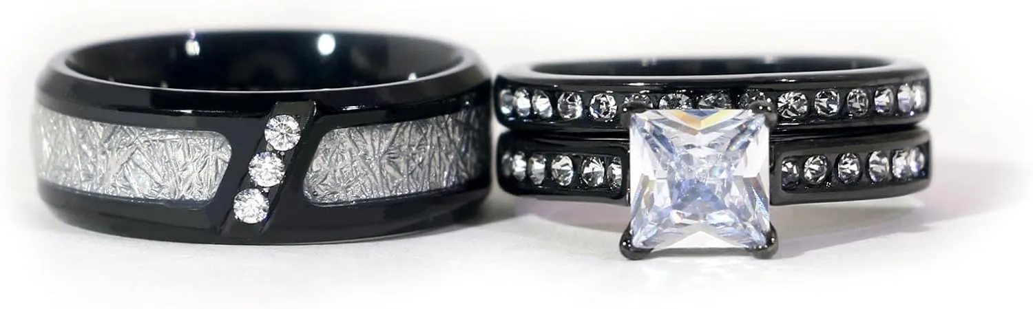 Couple Rings His Her Wedding Ring for Him and Her Matching Rings 1CT AAA CZ Black Ring