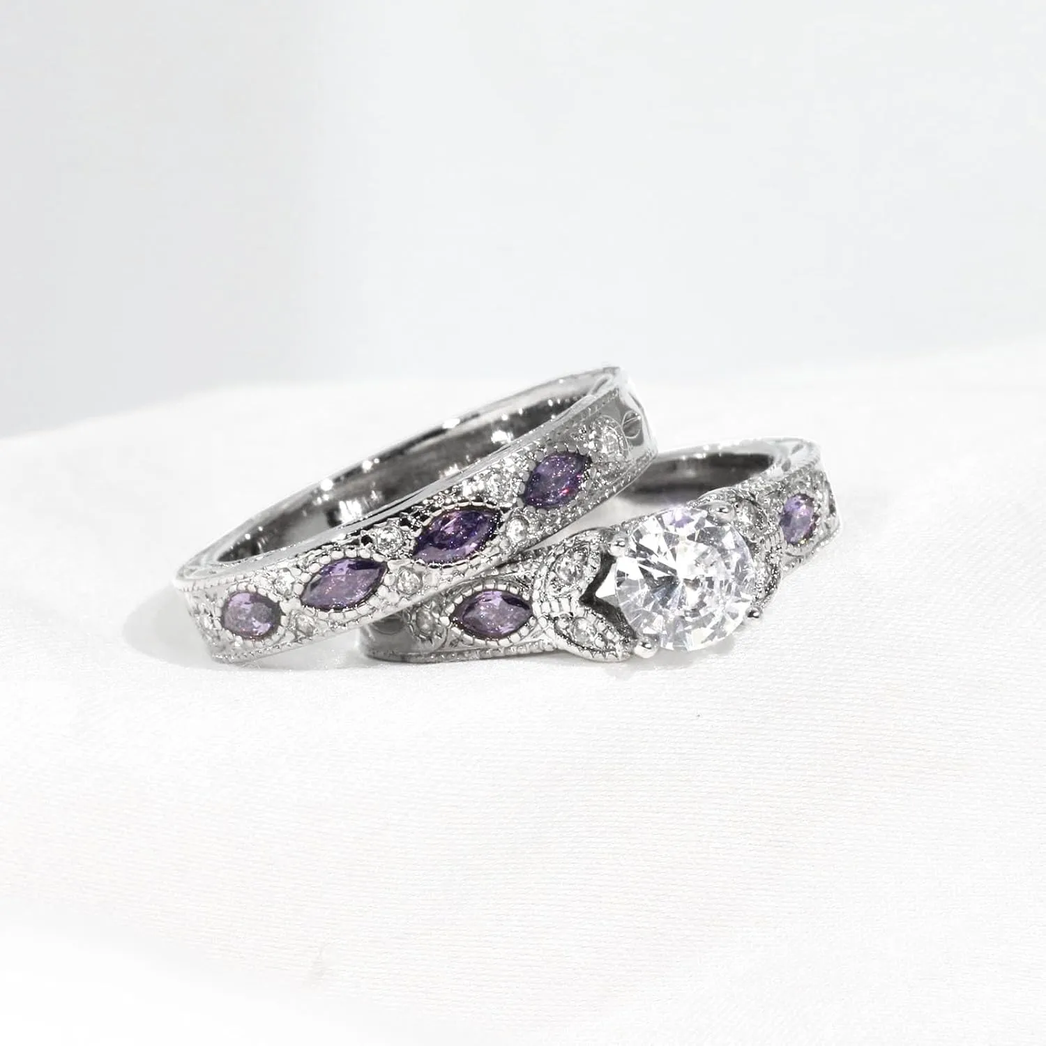 Couple Rings His Her Wedding Ring Sets Matching Rings White Gold Plated Purple CZ Ring Titanium Men Ring