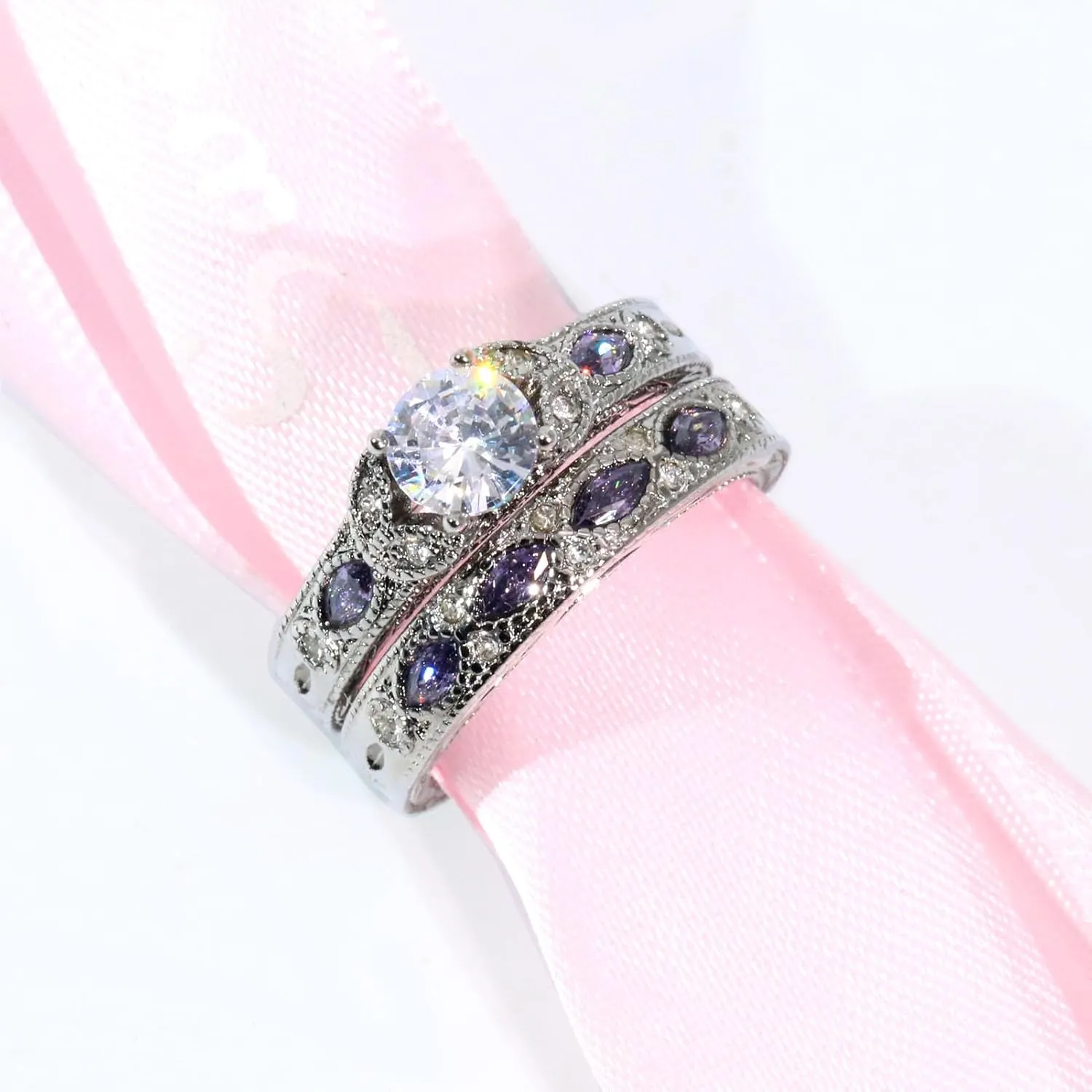 Couple Rings His Her Wedding Ring Sets Matching Rings White Gold Plated Purple CZ Ring Titanium Men Ring