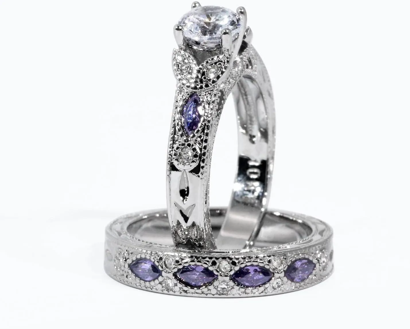 Couple Rings His Her Wedding Ring Sets Matching Rings White Gold Plated Purple CZ Ring Titanium Men Ring