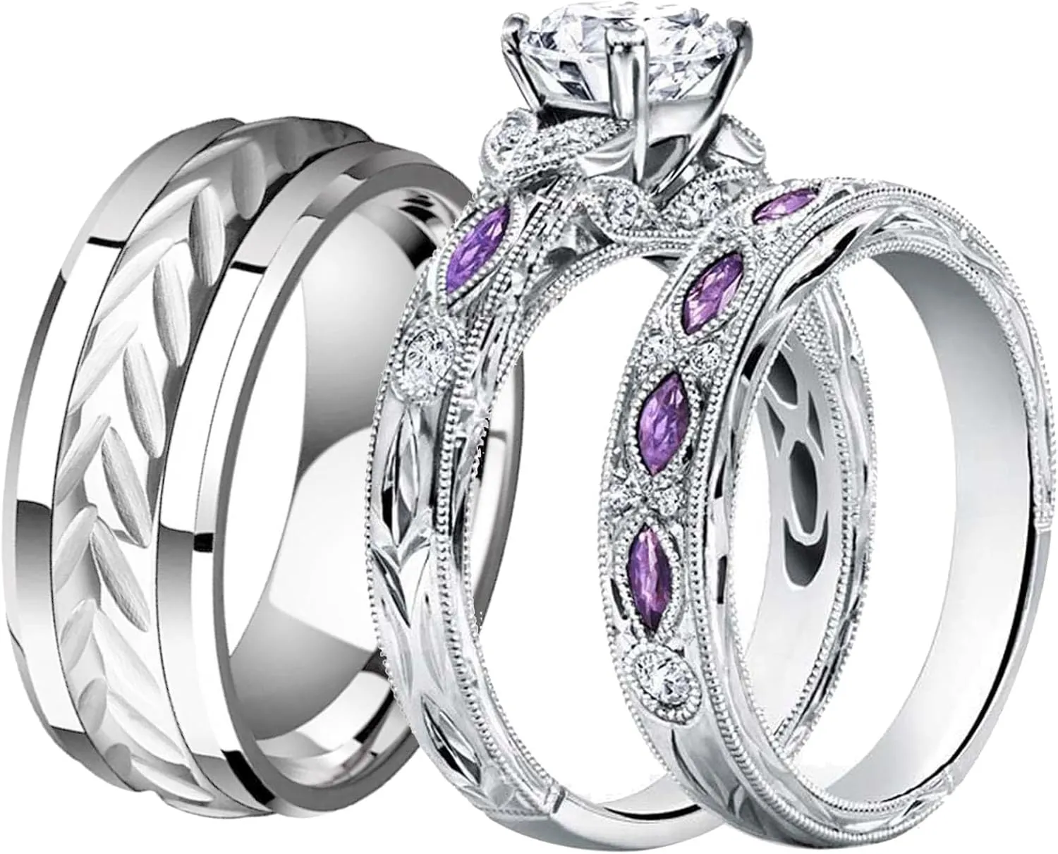 Couple Rings His Her Wedding Ring Sets Matching Rings White Gold Plated Purple CZ Ring Titanium Men Ring
