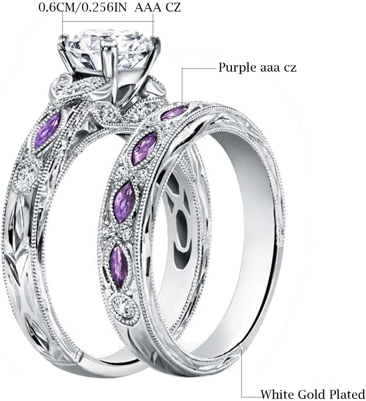 Couple Rings His Her Wedding Ring Sets Matching Rings White Gold Plated Purple CZ Ring Titanium Men Ring