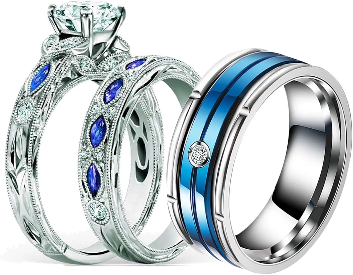 Couple Rings His Her Wedding Ring Sets Matching Rings White Gold Plated Purple CZ Ring Titanium Men Ring