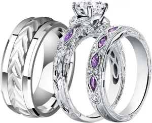 Couple Rings His Her Wedding Ring Sets Matching Rings White Gold Plated Purple CZ Ring Titanium Men Ring