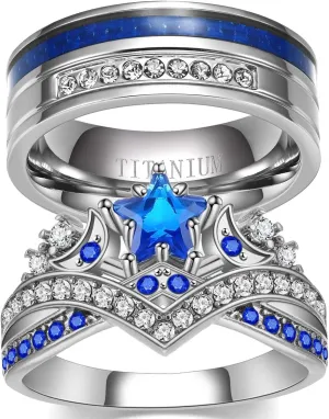 Couple Rings Matching Rings His Her Ring Stars and Moon Princess Ring Blue CZ Women's Wedding Ring