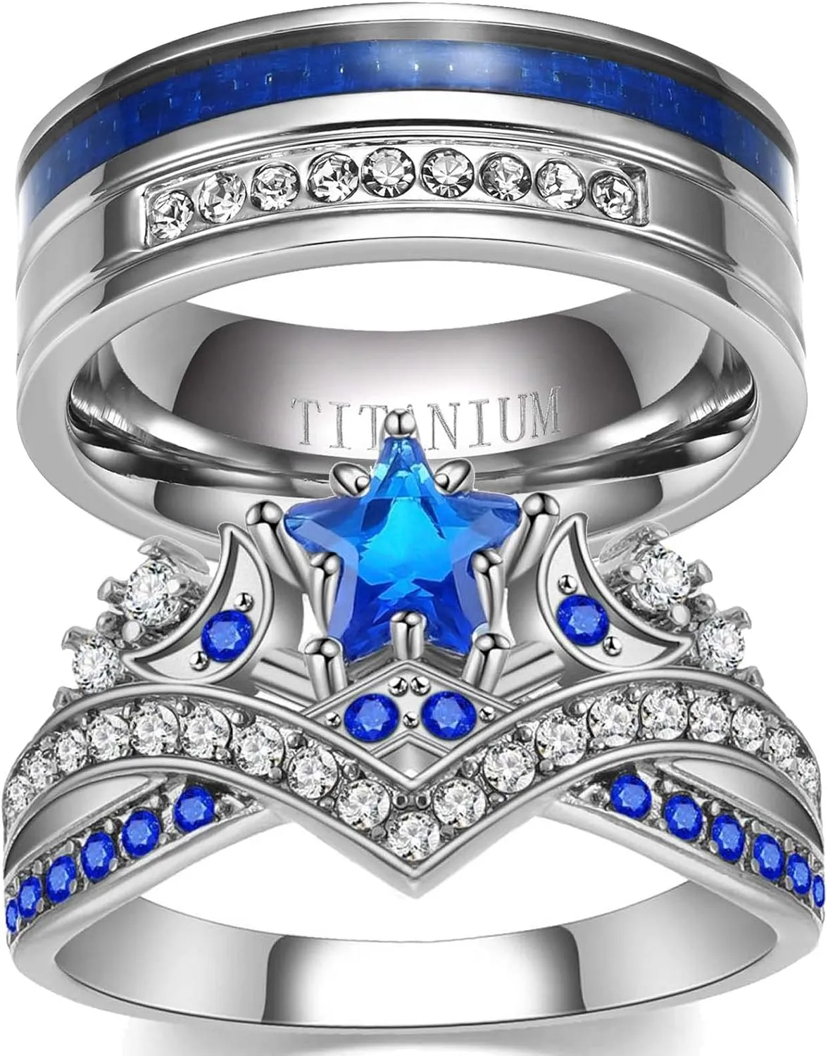 Couple Rings Matching Rings His Her Ring Stars and Moon Princess Ring Blue CZ Women's Wedding Ring