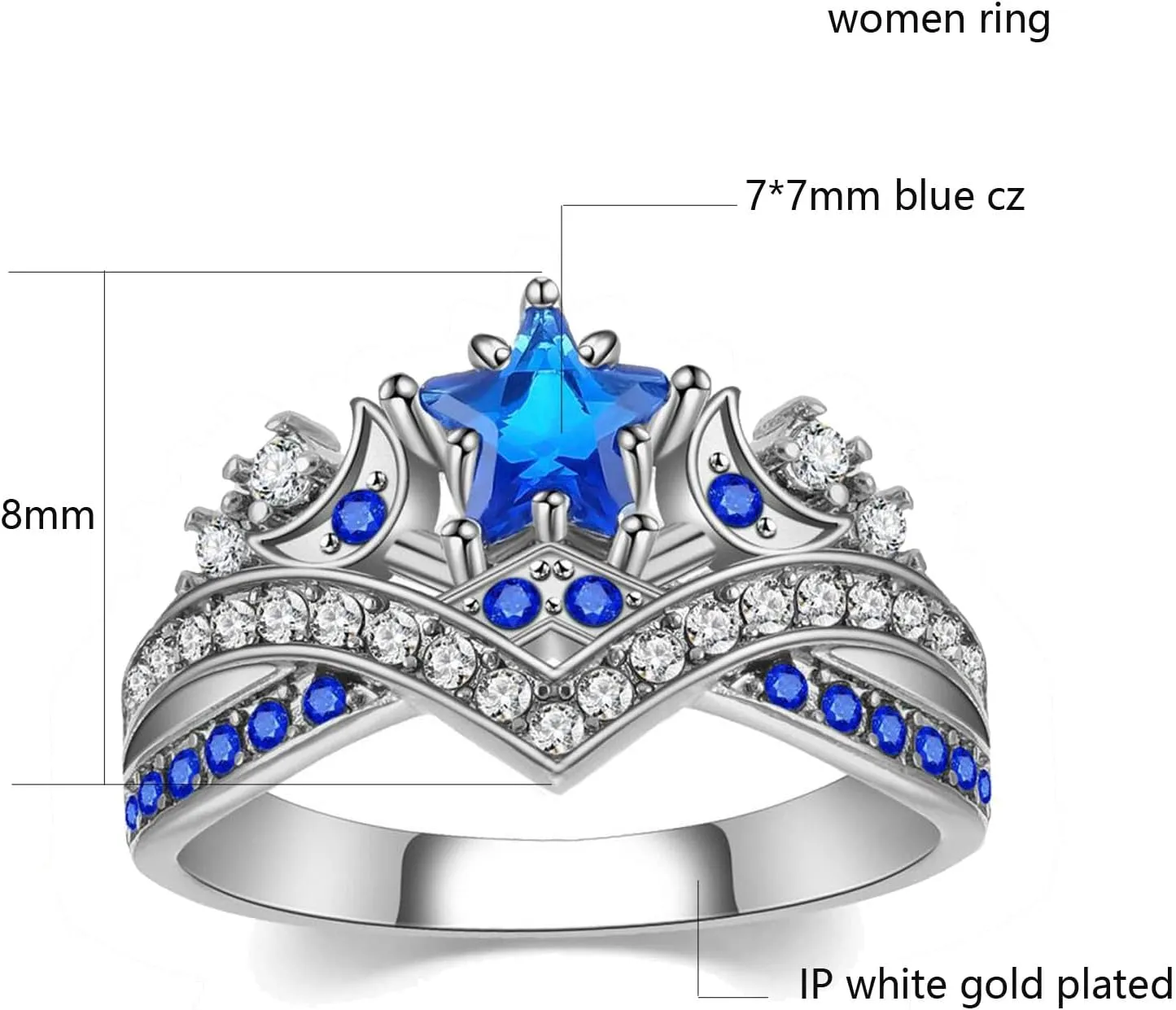 Couple Rings Matching Rings His Her Ring Stars and Moon Princess Ring Blue CZ Women's Wedding Ring