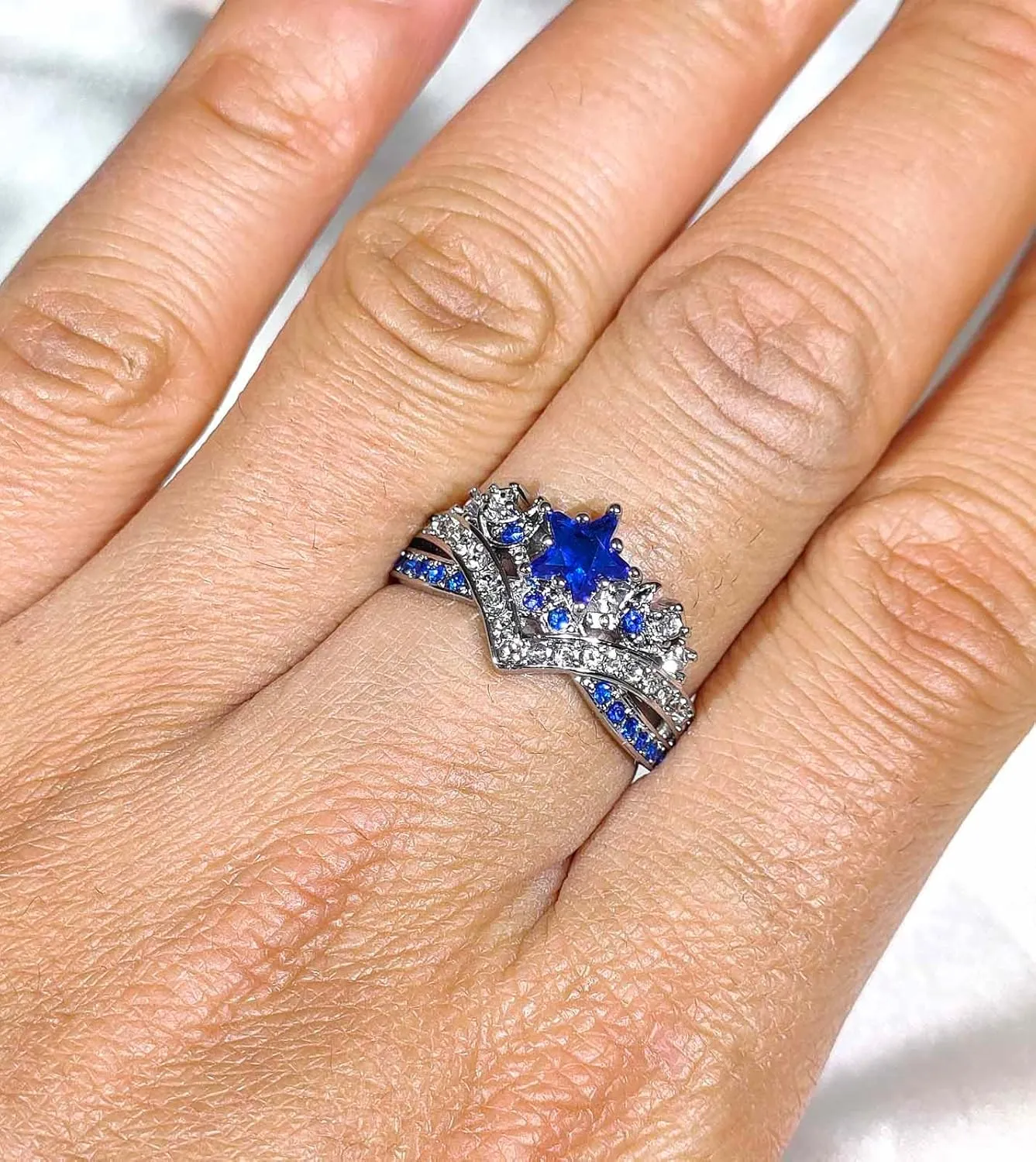 Couple Rings Matching Rings His Her Ring Stars and Moon Princess Ring Blue CZ Women's Wedding Ring