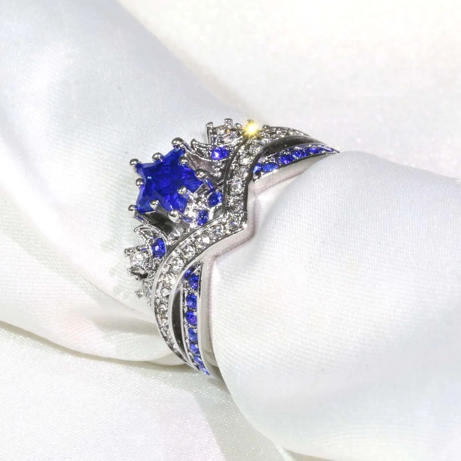 Couple Rings Matching Rings His Her Ring Stars and Moon Princess Ring Blue CZ Women's Wedding Ring