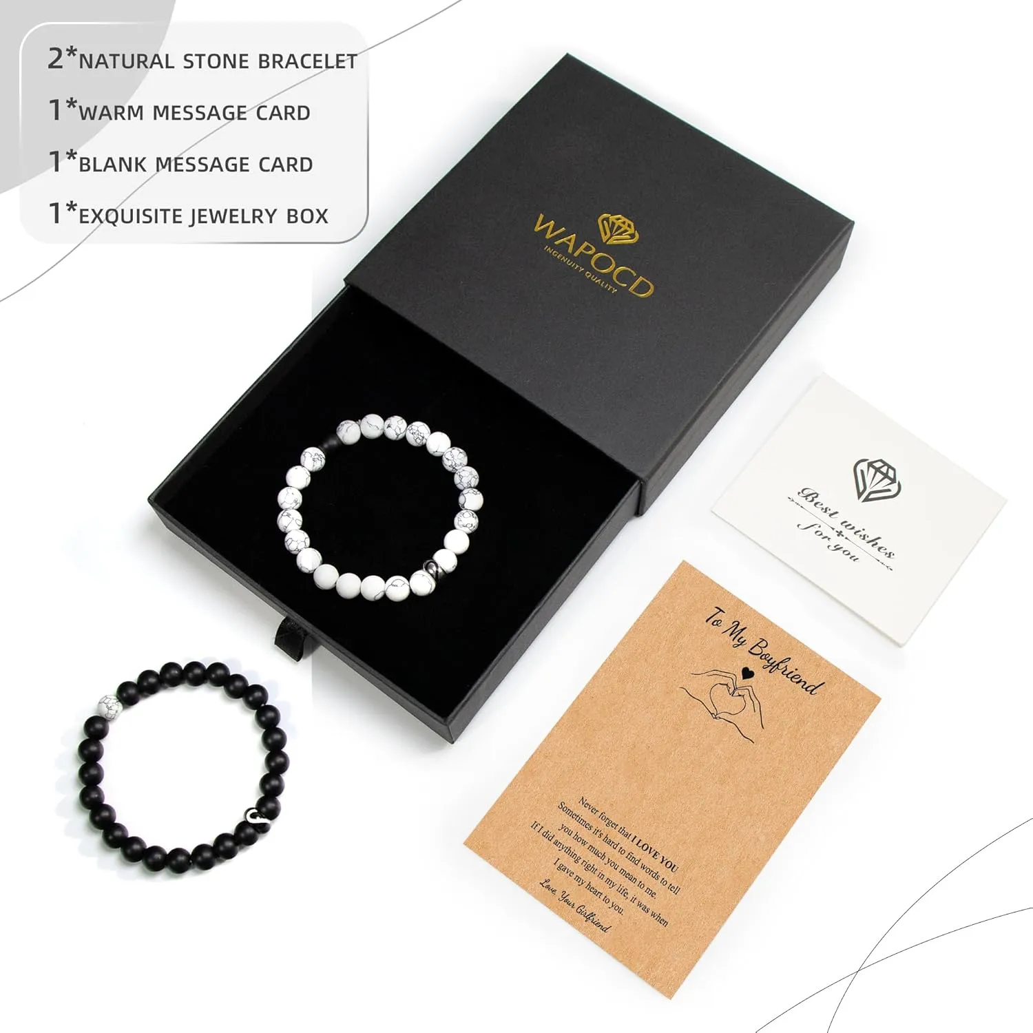 Couples Bracelets Gifts To My Lover, Natural Stone Bracelet for Men,8MM Adjustable Black Onyx Stone Bracelet,Couple Bracelets Gifts for Him and Her,Anniversary Valentine's Day Birthday Christmas Gift