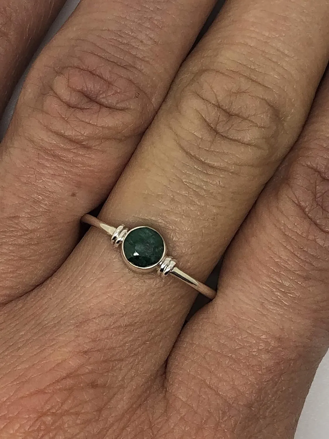 Created Emerald Round Stone Delicate Ring 925 Sterling Silver Vintage Tribal Gipsy Boho Look