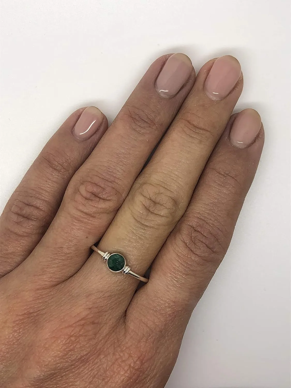 Created Emerald Round Stone Delicate Ring 925 Sterling Silver Vintage Tribal Gipsy Boho Look
