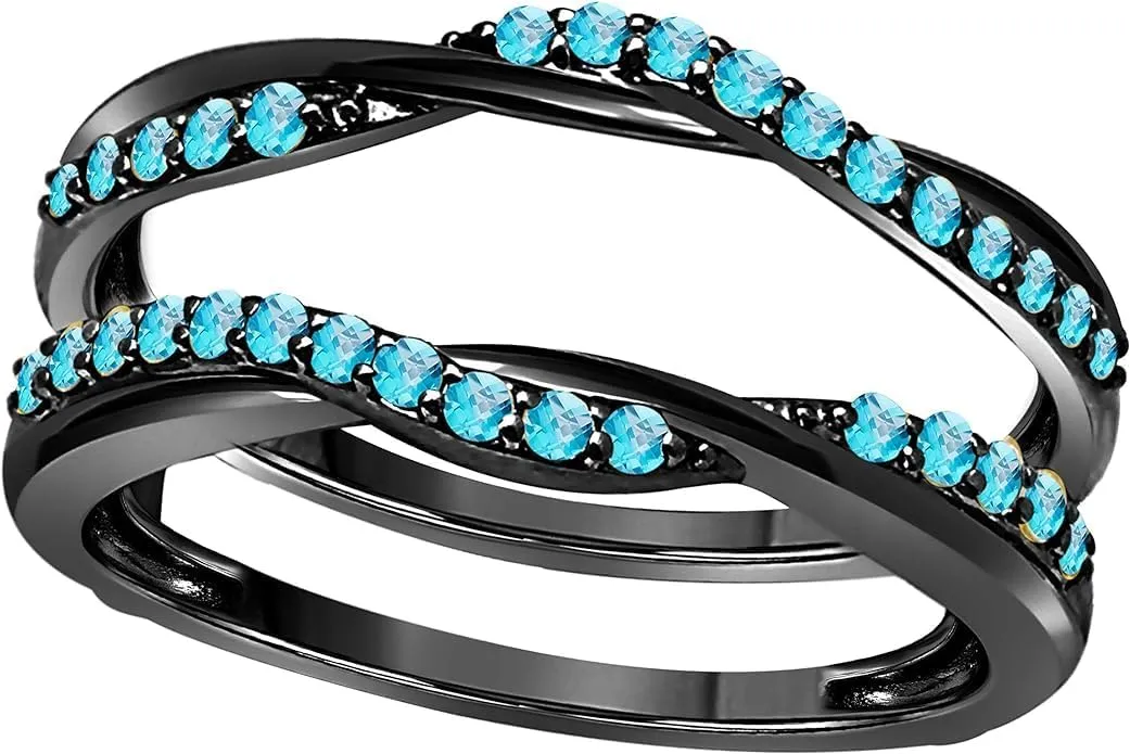 Created Real 925 Sterling Silver 14K Gold Finish Round Cut Blue Topaz Delicate Bypass Infinity Style Vintage Enhancer Guard Ring Engagement Gift For Women