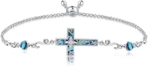 Cross Bracelet for Women 925 Sterling Silver Abalone Shell Christian Sideways Cross Bracelets Religious Jewelry Gifts for Women Mom