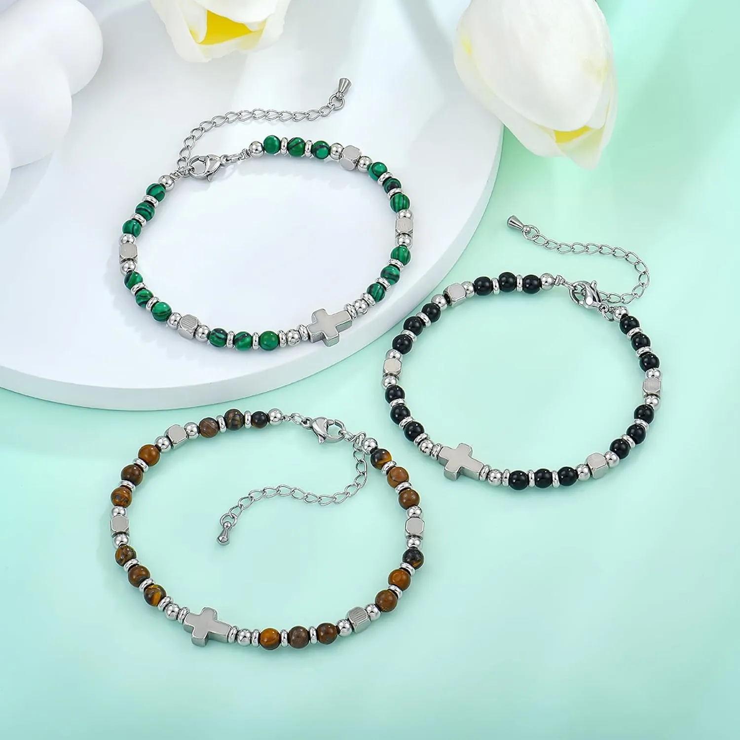 Cross Bracelet Gemstones Bead Bracelet Christian Faith Religious Jewelry Gifts for Women