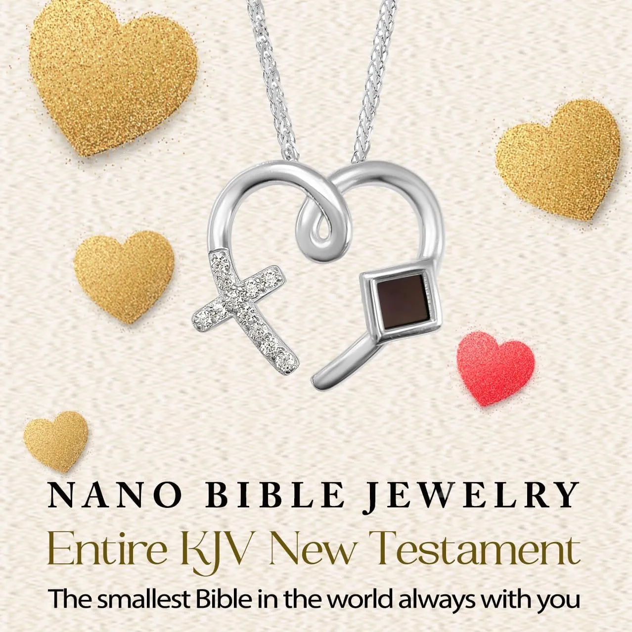 Cross Heart Necklace Nano Bible in Jewelry - 925 Sterling Silver Christian CZ Pendant Holy KJV New Testament Microchip, Romantic Religious Mother's Day Gift Jewelry, 18" Spiga Chain