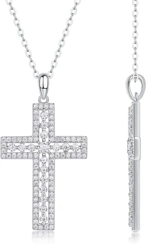 Cross Moissanite Pendant Necklace for Women Men Christian Gifts, Brilliant Cut Brightness Lab Created Diamond 925 Sterling Silver Cross Necklace with 18K White Gold Plating