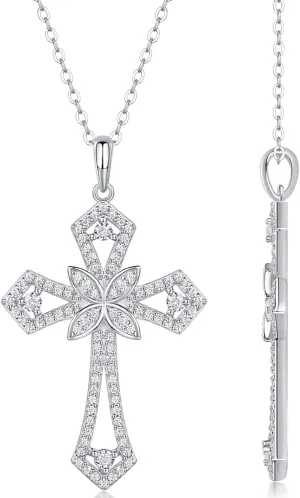 Cross Moissanite Pendant Necklace for Women Men Christian Gifts, Brilliant Cut Brightness Lab Created Diamond 925 Sterling Silver Cross Necklace with 18K White Gold Plating