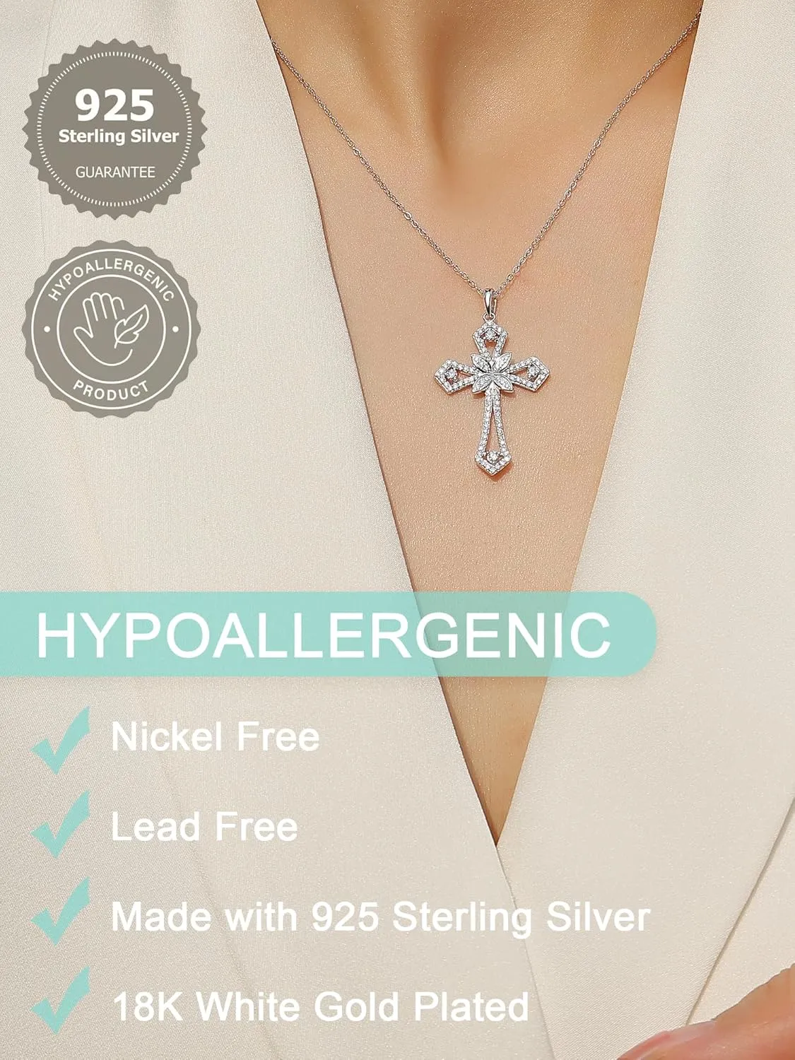 Cross Moissanite Pendant Necklace for Women Men Christian Gifts, Brilliant Cut Brightness Lab Created Diamond 925 Sterling Silver Cross Necklace with 18K White Gold Plating