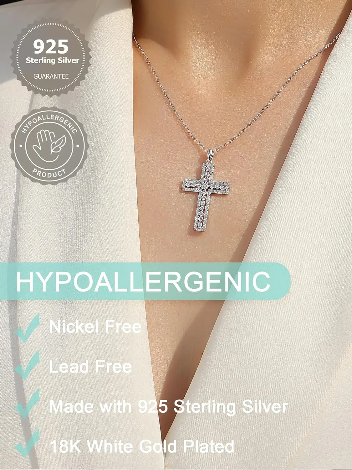 Cross Moissanite Pendant Necklace for Women Men Christian Gifts, Brilliant Cut Brightness Lab Created Diamond 925 Sterling Silver Cross Necklace with 18K White Gold Plating