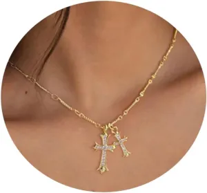 Cross Necklace 14K Gold Plated Double Cross Pendant Birthstone Necklace Dainty Diamond Cross Charm Link Chain Choker Delicate Faith Jewelry Religious Gifts for Women Mothers
